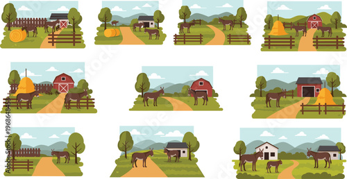 Collection of rural farm landscape vector illustrations with barns, horses, hay bales, fences and countryside scenery in flat design style