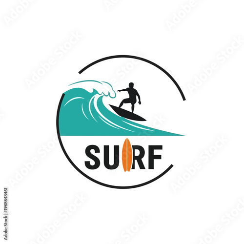 Surfer Silhouette Riding Ocean Wave, Surfboard and Text Logo