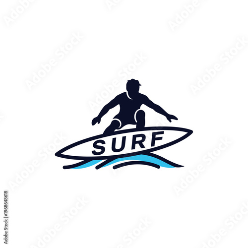 Surfer Silhouette Riding Wave, "SURF" Text on Board, Ocean Sport Vector Icon