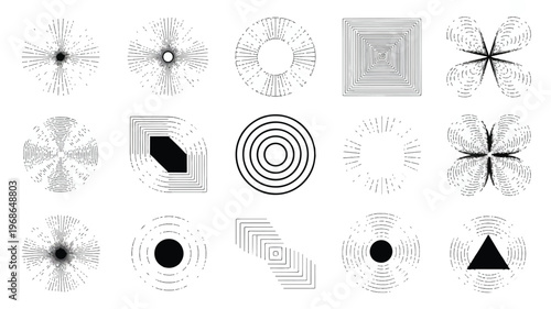 A collection of minimalist geometric shapes forms a visually striking pattern