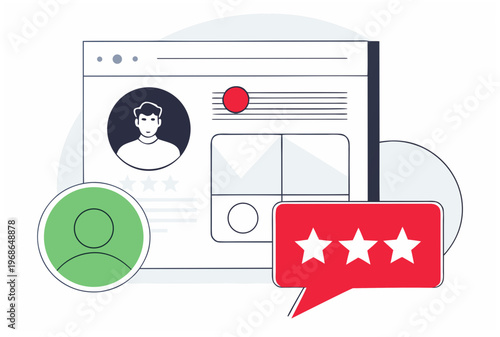 Profile with review stars and speech bubble. Authentic ugc reviews concept, customer feedback. Vector illustration for website, app design