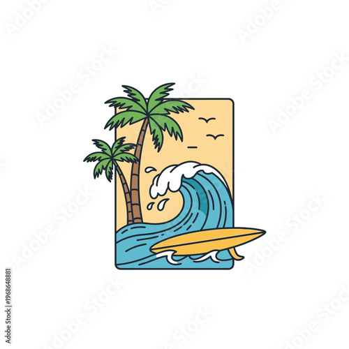Tropical Surf Scene: Palm Trees, Ocean Wave, and Surfboard Illustration