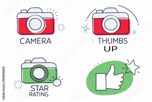 Camera, thumbs up and star rating icons for authentic user generated content reviews. Vector illustration icon for social media feedback