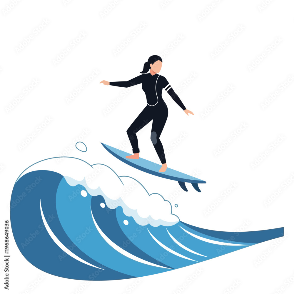 Obraz premium Woman Surfing on Blue Wave, Action Sport, Ocean Lifestyle