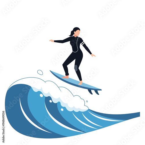 Woman Surfing on Blue Wave, Action Sport, Ocean Lifestyle