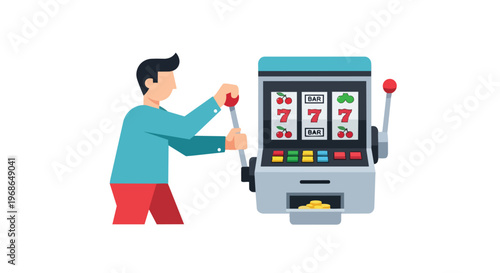 Man Playing Slot Machine Casino Game Flat Illustration