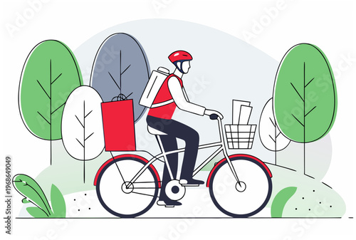 Man courier on bicycle delivering order package and letter. Eco friendly fulfillment, green city delivery, sustainable transport. Vector illustration for banner, website, app