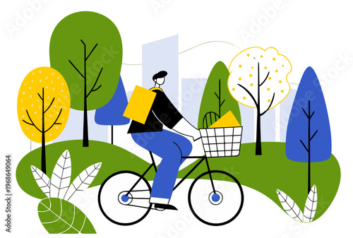 Man riding bicycle through park with delivery bag and basket. Eco-friendly fulfillment concept. Vector illustration for green delivery design