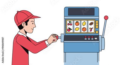 Man playing fruit slot machine, vector illustration