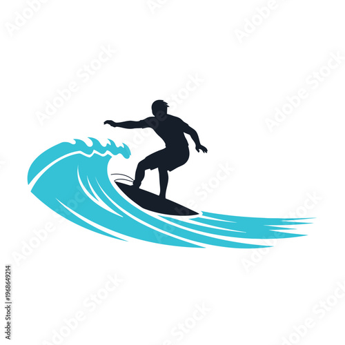Silhouette of a surfer riding a blue wave with white foam, isolated on white background