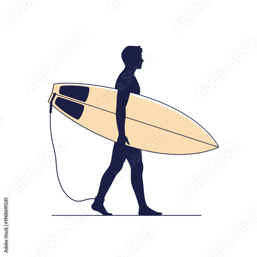 Silhouette of a surfer walking with surfboard, vector illustration, isolated on white background