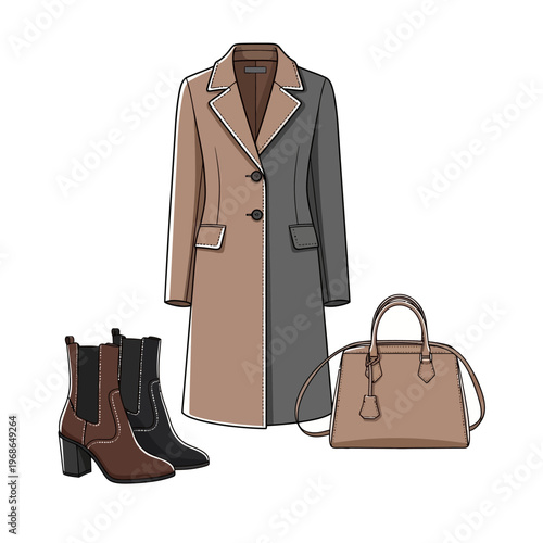 Autumn Fashion Outfit: Beige and Grey Coat, Ankle Boots, and Handbag