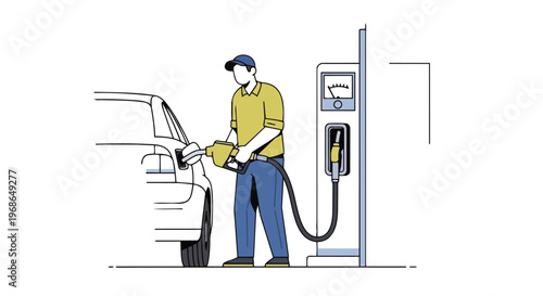 Illustration of a gas station attendant refueling a car at a fuel pump