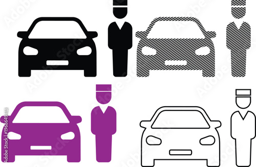 Vector valet parking service car and driver icons with flat design