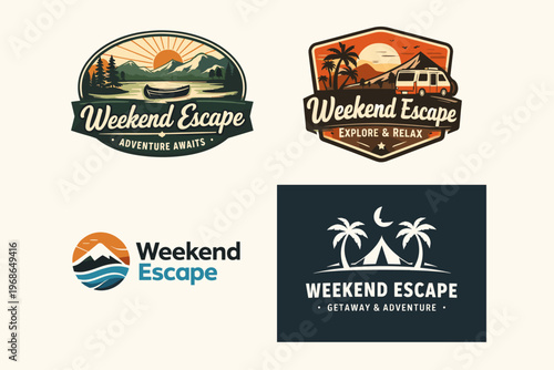 Weekend Escape Travel Logo Set with Outdoor Adventure, Mountains and Beach Vacation Labels