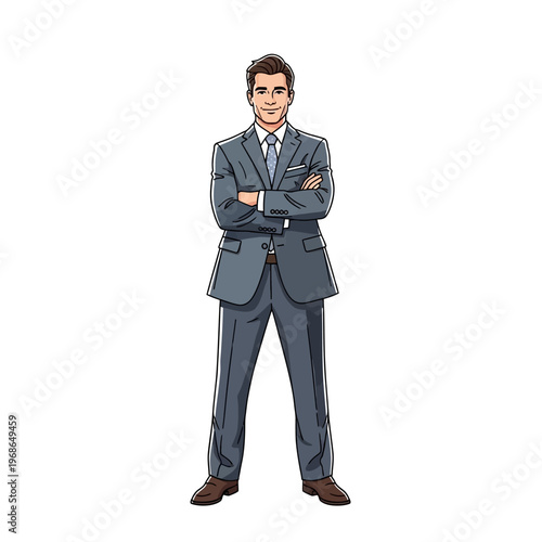 Confident Businessman Standing Arms Crossed, Professional Cartoon Style