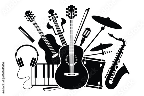 Black and white of musical instruments and sound waves 1