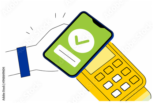 Hand holding smartphone making contactless payment transaction with POS terminal. Mobile commerce, digital wallet concept. Vector illustration