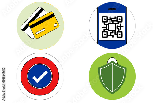 Mobile commerce and payments icon set with credit card, QR code on smartphone, checkmark, and shield. Vector illustration for financial technology design