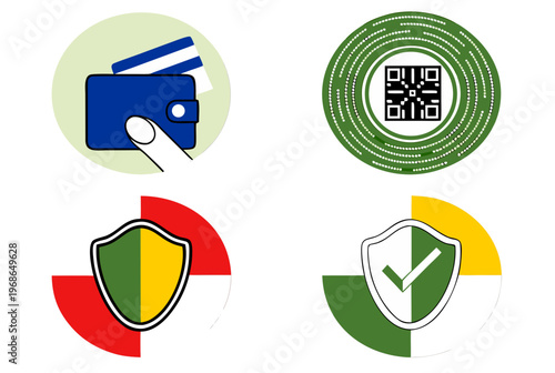 Mobile commerce and payment security icon set. Hand with wallet and card, QR code, shield with checkmark concept. Vector icon for website element
