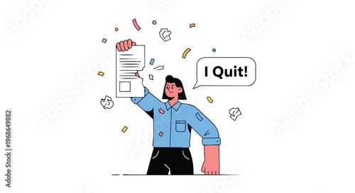 Employee resigning from job holding torn contract document with I Quit speech bubble