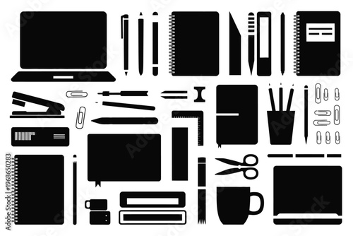 Black and white of office stationery and supplies
