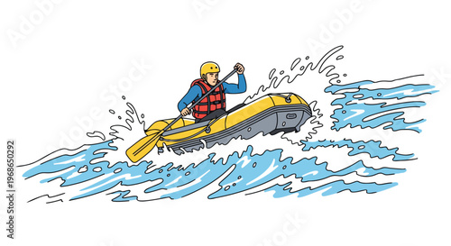 Cartoon illustration of a person rafting on rough river water