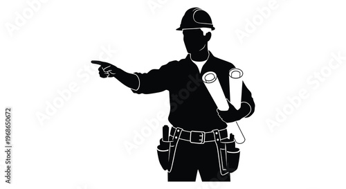 A black silhouette depicts a construction worker pointing forward holding blueprints showcasing professional expertise silhouette high quality detailed modern elegant stylish