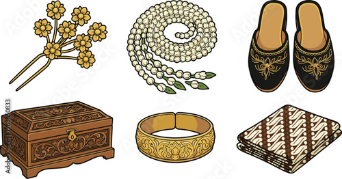 A collection of traditional jewelry and accessories on display includes a necklace, earrings, shoes, bracelet, and ornate box.