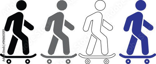 Vector skateboarder stick figure icon set with flat design