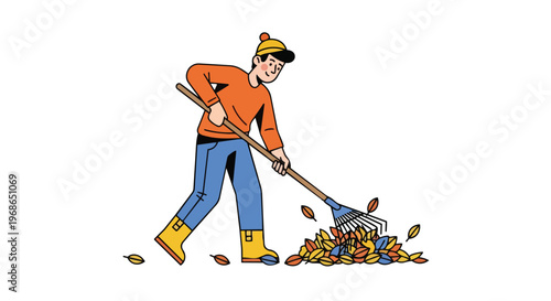Man Raking Fallen Autumn Leaves in Garden Illustration