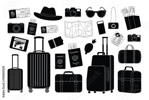 Black and white of various handbags and accessories