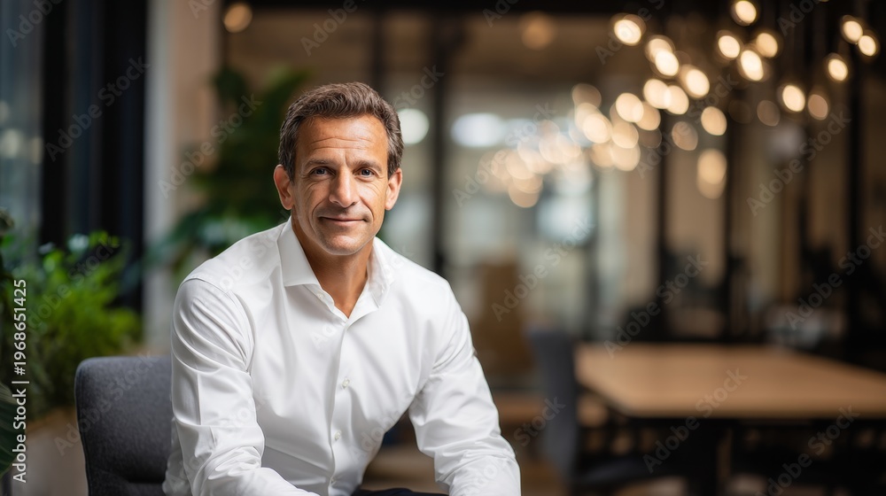 Obraz premium Confident businessman in a modern office setting. He is dressed in a smart white shirt. The background features stylish decor and warm lighting. This image conveys professionalism. AI