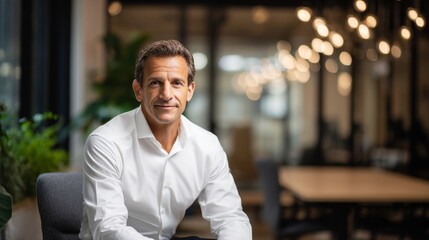 Confident businessman in a modern office setting. He is dressed in a smart white shirt. The background features stylish decor and warm lighting. This image conveys professionalism. AI