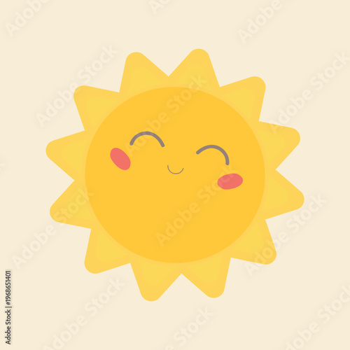 Cute smiling sun cartoon character with rosy cheeks on pastel background, vector illustration. For the design of children's books, clip art, etc.