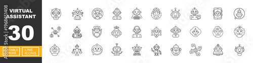 Advanced Virtual Assistant and Smart Robot Roles. Includes Educational Robot, Healthcare Assistant, Legal Tech Bot, Bot with Neural Network, Technical Support Robot. Editable stroke line icons.