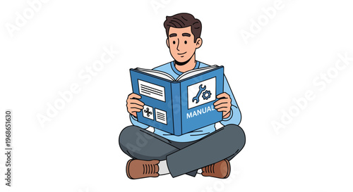 Young man sitting on floor reading a technical manual book