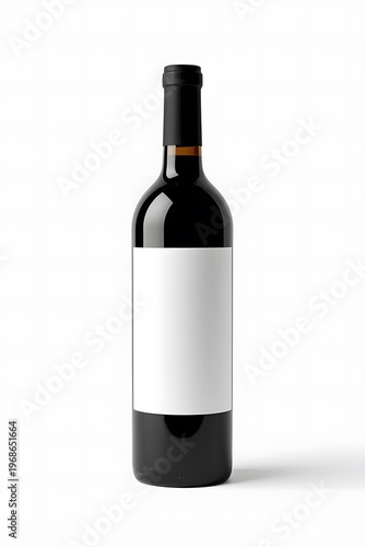 A studio shot of a dark glass wine bottle with a blank white label centered on it