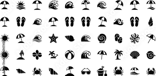 Collection of black beach icons on white background for summer concepts
