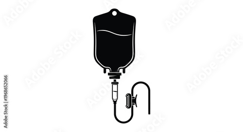 A stark black silhouette of an iv bag with tubing and flow regulator representing medical care silhouette high quality professional detailed