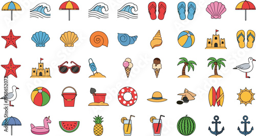 Collection of colorful beach icons and symbols for summer concepts