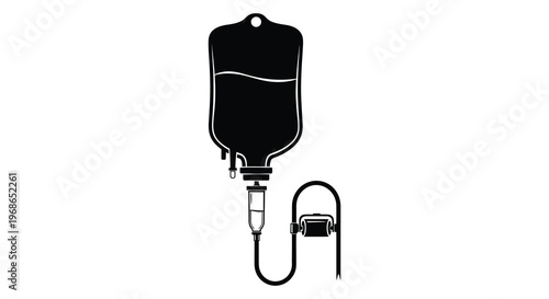 A stark black silhouette of an iv bag with tubing and drip chamber against a white background silhouette high quality professional