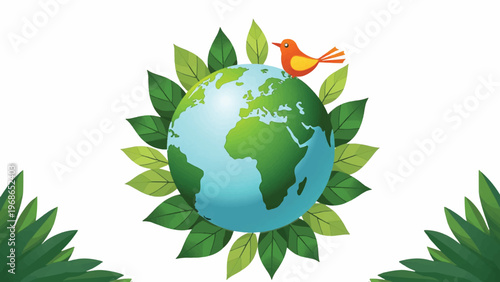 Eco friendly globe with leaves, green earth, bird, environmental conservation, nature icons
