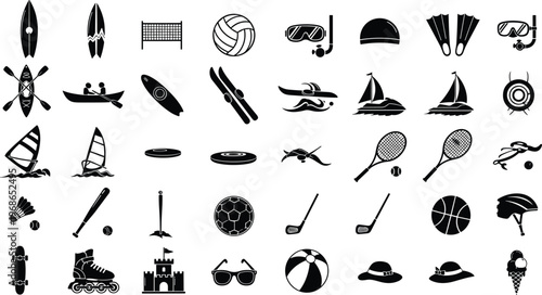 Collection of various sports and leisure icons in black and white