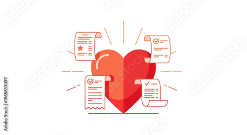 Heart Symbol with Documents and Checkmarks - Love, Health, and Care Concept