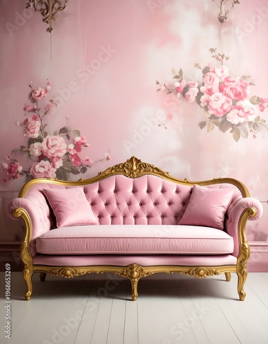 Pink sofa in a floral room