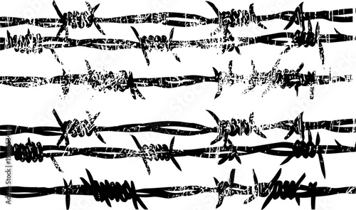 barbed wire strands with sharp spikes in black ink isolated on white background