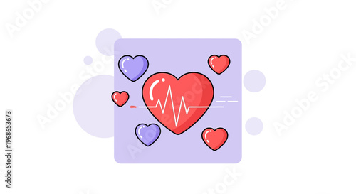 Heartbeat Cardiogram and Hearts Icon Set on Purple Background - Health Concept