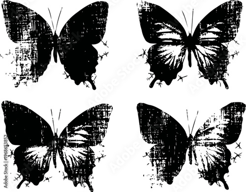 Grunge butterfly silhouettes set vintage distressed ink splatter wings design collection