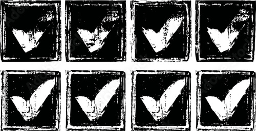 Ten grunge check marks set in black rough square frames vintage checklist symbols for approval and verification